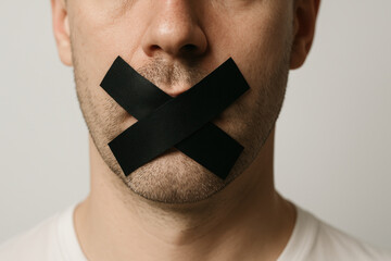 Man tape mouth silence censorship closeup adult male expression emotion restriction concept