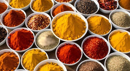 An array of vibrant culinary spices and aromatic herbs in various bowls, showcasing diverse flavors and colors for cooking and seasoning