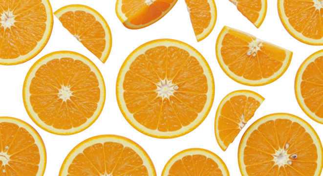 Fresh orange slices, half-rounds and wedges, showcasing vibrant juicy pulp and translucent zest on a transparent surface with soft studio lighting, concept of natural freshness and vitality