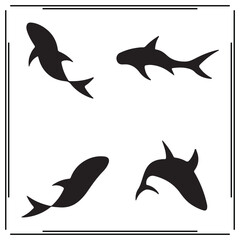 Shark Silhouettes Set - Four Different Shark Shapes in Black Vector Illustrations for Marine Life, Ocean, and Wildlife Design