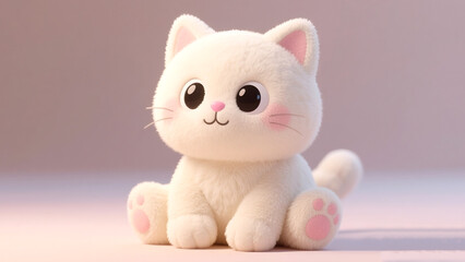 Obraz premium 3D Render of a Cream-Colored Cute Cat Plush Toy Sitting on Pastel Background