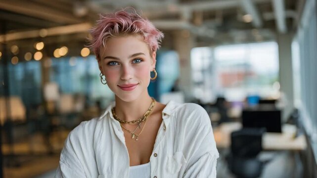 A vibrant young woman with a pink pixie cut and delicate jewelry is captured in warm light, set against a modern, airy workspace.
