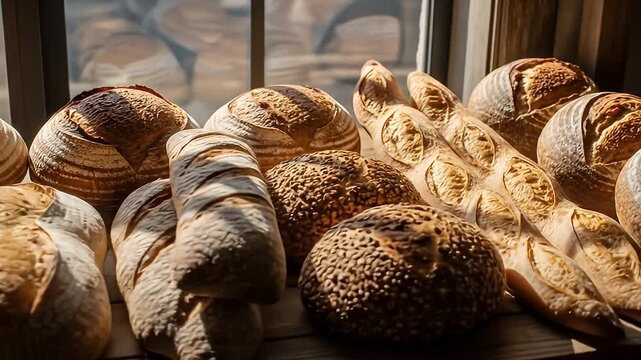 Assortment of freshly baked breads on a wooden shelf with window light