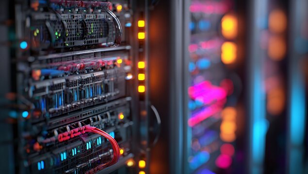 Server racks glow with colorful lights showing red network cables connecting the data hardware