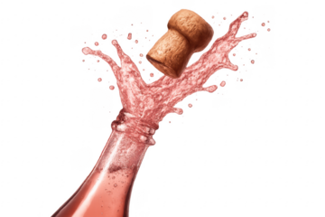 Pink Champagne Bottle Exploding with Cork Popping Out on Transparent Background