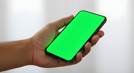 Hand Holding Smartphone with Green Screen Display for Content