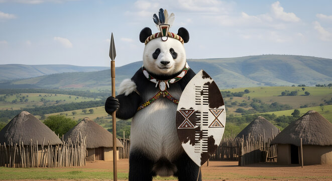 Panda warrior in traditional African tribal attire, holding a spear and shield, standing in an ancient village setting with rolling hills, symbolizing cultural strength