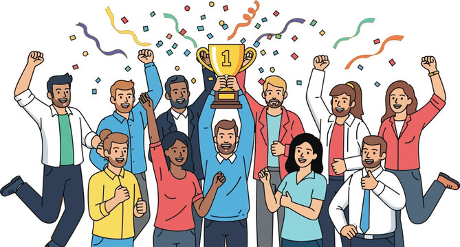 Diverse team celebrating success holding trophy award under confetti rain