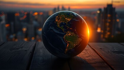 A miniature Earth globe rests on dark wooden planks, silhouetted against a vibrant cityscape sunset.