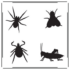 Insect Silhouettes Set - Spider, Fly, Tick, and Grasshopper Shapes in Black Vector Illustrations for Nature, Insects, and Wildlife Designs