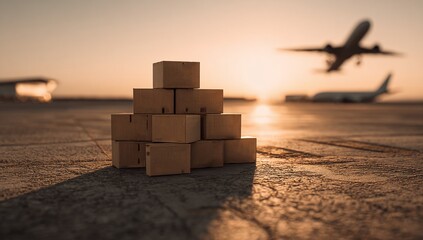 Stacked cardboard boxes stand near a blurred airplane taking off at dusk creating supply chain concept