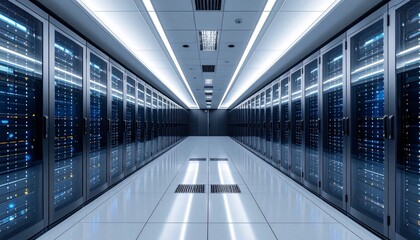 Fototapeta premium Modern Server Room with Rows of Illuminated Racks in Data Center