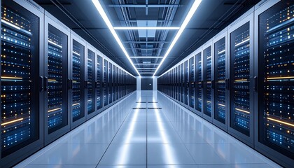 Modern data center server room with rows of glowing racks and cool blue lighting
