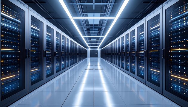 Modern data center server room with rows of glowing racks and cool blue lighting - Powered by Adobe