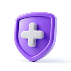 Obraz premium A modern, purple shield icon featuring a white cross symbol, representing security, protection, and health in digital and medical contexts.