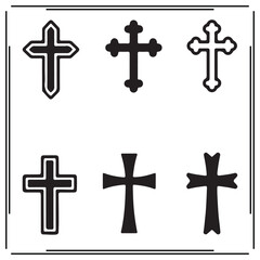 Cross Silhouettes Set - Six Different Cross Designs in Black Vector Illustrations for Religious, Faith, and Spiritual Graphics