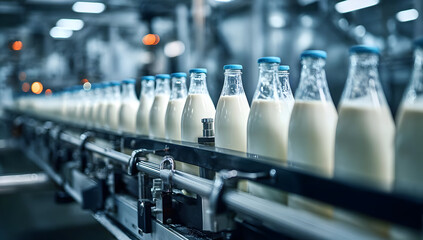 A production line showcasing pristine glass bottles filled with fresh milk, arranged methodically on a conveyor belt in a dairy processing plant.
