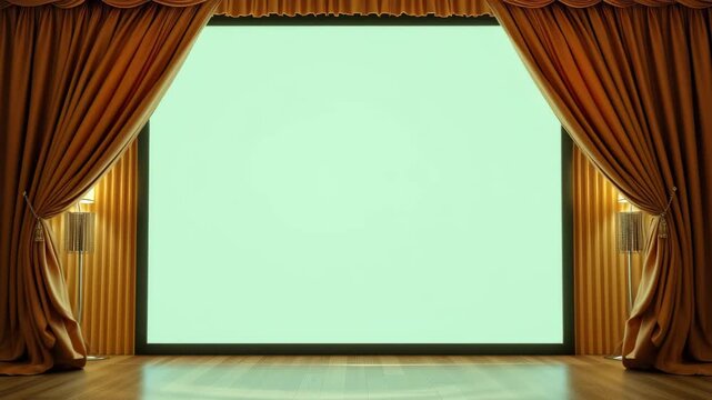 Stage Curtains and Empty Screen: Theatrical stage adorned with rich, flowing golden curtains, poised to unveil a blank screen, and inviting imagination.