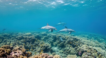 Obraz premium Majestic Dolphins Dance Among Vibrant Coral Reefs