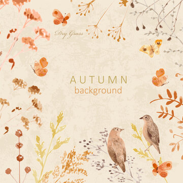 watercolor invite card with square frame of dry brown grass, autumn wild herbs and couple of little birds.