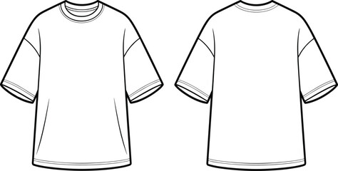 Oversized T-shirt technical sketch, front and back views, fashion flat drawing, dropped shoulder, round neck, garment vector template
