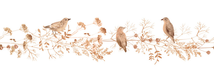 watercolor seamless border with dry brown grass, autumn wild herbs and little brown birds
