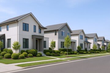 Modern Suburban Homes in a Row with Landscaping, Representing Real Estate and Community Living