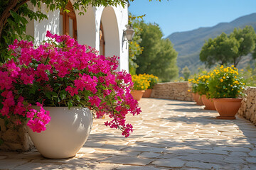 Fototapeta premium Pathway lined with potted bougainvillea and yellow flowers