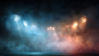 Stadium floodlights illuminate an atmosphere filled with dramatic fog and blueorange gradients