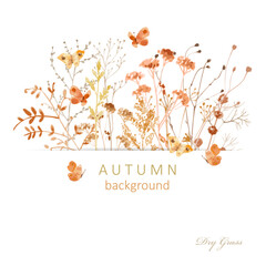watercolor invite card with dry brown grass, autumn wild herbs and little flying butterflies