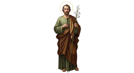 Religious figure holding white lilies and wearing a halo on black