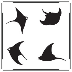 Manta Ray Silhouettes Set - Four Different Black Manta Ray Shapes in Vector Illustrations for Marine Life, Ocean, and Wildlife Designs