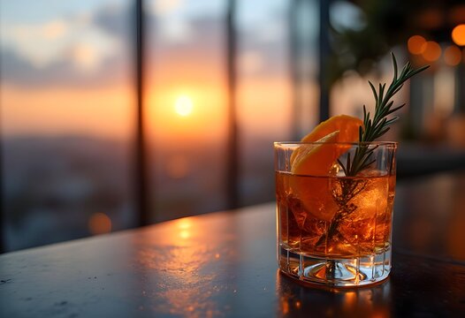 Golden Hour Cocktail with Sunset View and Rosemary Garnish