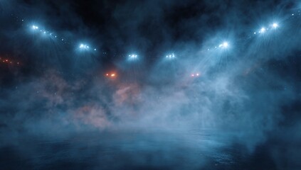 Stadium spotlights shine amid the cool blue fog creating an intense scene