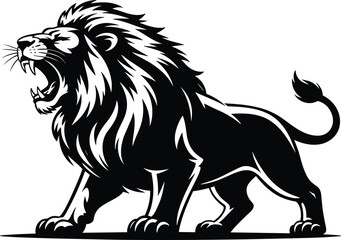 Roaring lion silhouette, bold black vector, wild animal stance, jungle predator, strength symbol, majestic design, profile view, power icon