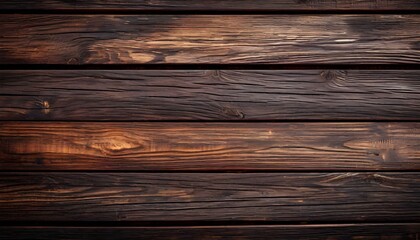 Fototapeta premium Close-up view of dark brown wooden planks arranged in horizontal rows, showcasing wood grain and texture.