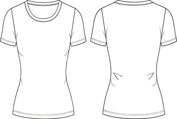Plain fitted t-shirt, short sleeve fashion sketch, front and back view, technical drawing, apparel design, round neck, garment construction
