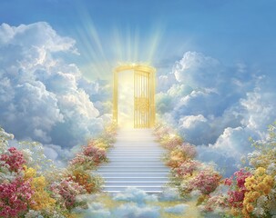 Stairway leads to golden gates surrounded by blossoms in serene clouds and sky