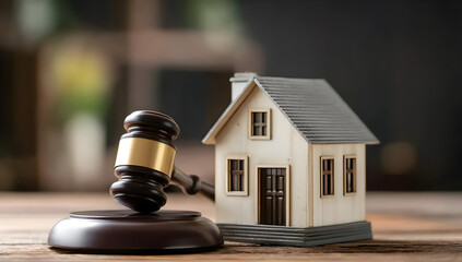 A wooden gavel placed next to a miniature house symbolizes real estate law and property disputes in a professional setting.
