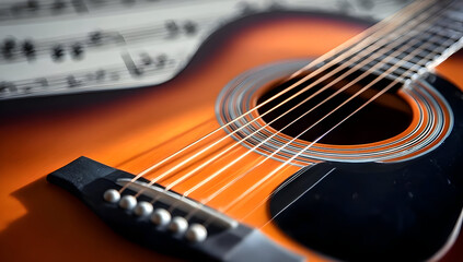 Fototapeta premium Close-up of an acoustic guitar showcasing its beautiful wood grain and strings, set beside musical sheet notes, perfect for music enthusiasts and artists.