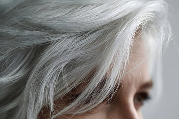 Naklejka premium Close-up of a woman with striking silver hair, showcasing a graceful and sophisticated look. The texture and shine of the hair draw attention.