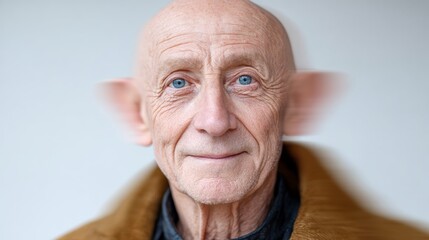 Obraz premium Mature man with gray hair and blue eyes, wearing a brown coat, gazes thoughtfully at the camera, set against a softly blurred background, capturing a moment of introspection and wisdom