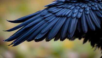 Fototapeta premium Raven's Wing in Focus: A close-up of a raven's wing reveals the intricate beauty of its plumage. The rich black feathers contrast with the soft blur of the natural environment.