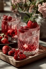 Refreshing berry drinks with ice and strawberries in elegant glasses