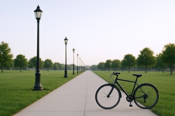 Fototapeta premium Bicycle Parked on Pathway with Lamp Posts Stretching into Distance on a Bright Overcast Day