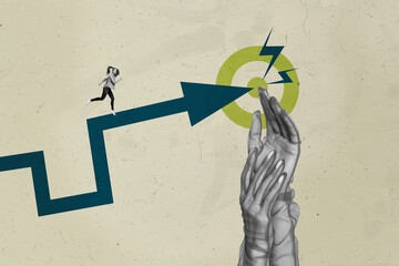 Collage with person observing rising arrow symbolizing startup growth business income statistics...