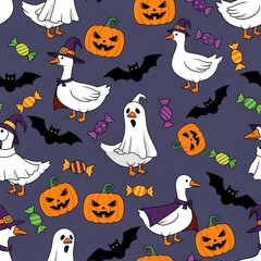 Halloween Goose Party Spooky Season Seamless Pattern