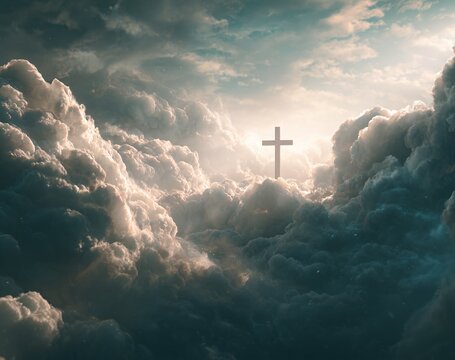 Symbolic white cross standing amidst ethereal clouds illuminated by heavenly light