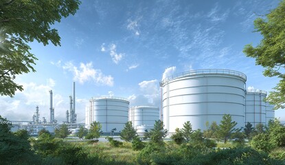 Tall white cylindrical tanks alongside oil refinery nestled among green foliage against a cloudy sky
