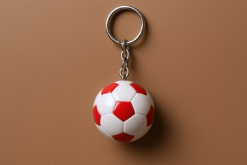 Red and White Soccer Ball Keychain on Tan Backdrop: Sport Souvenir Still Life